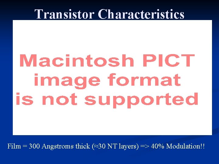 Transistor Characteristics Film = 300 Angstroms thick (≈30 NT layers) => 40% Modulation!! 