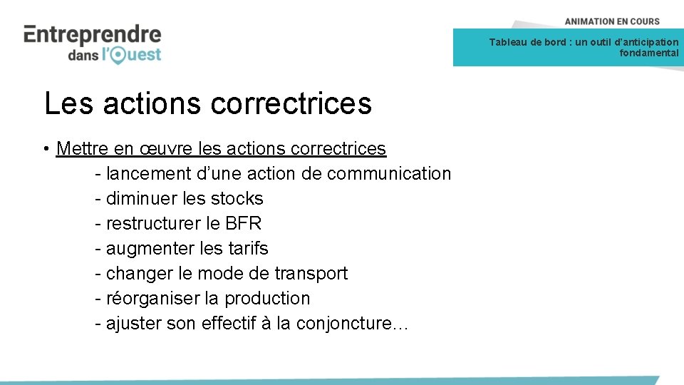 Tableau de bord : un outil d’anticipation fondamental Les actions correctrices • Mettre en