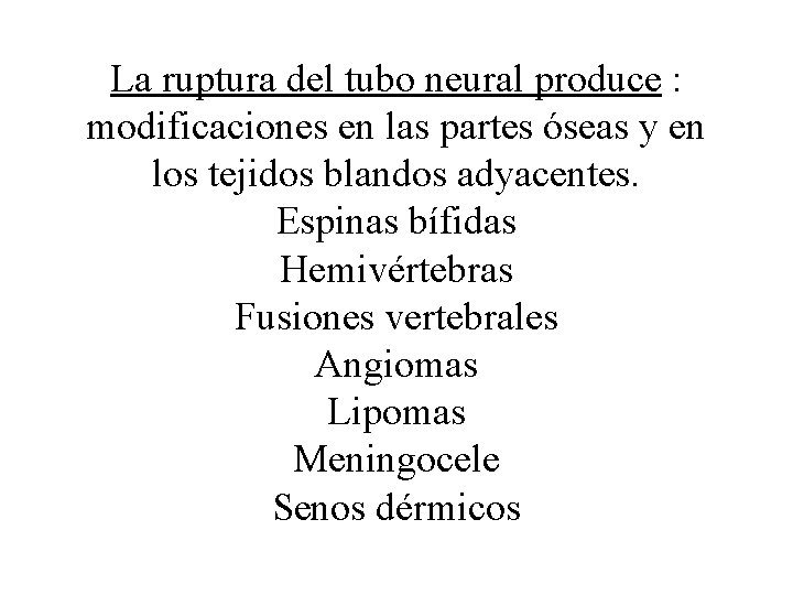 La ruptura del tubo neural produce : modificaciones en las partes óseas y en