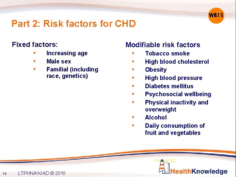 WB 15 Part 2: Risk factors for CHD Fixed factors: • Increasing age •