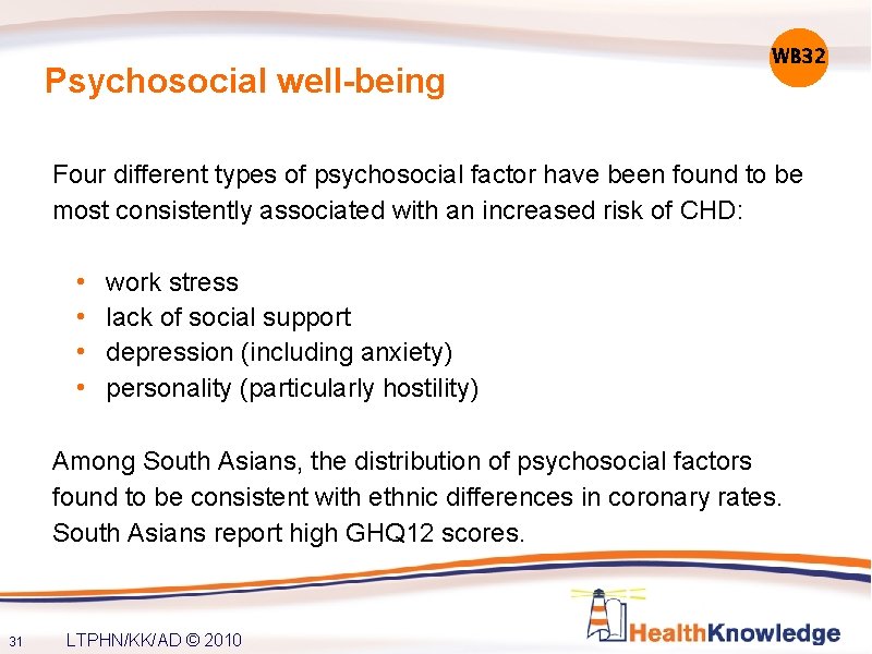 Psychosocial well-being WB 32 Four different types of psychosocial factor have been found to
