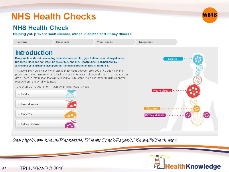NHS Health Checks See http: //www. nhs. uk/Planners/NHSHealth. Check/Pages/NHSHealth. Check. aspx 52 LTPHN/KK/AD ©