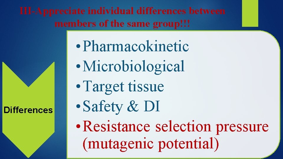 III-Appreciate individual differences between members of the same group!!! Differences • Pharmacokinetic • Microbiological