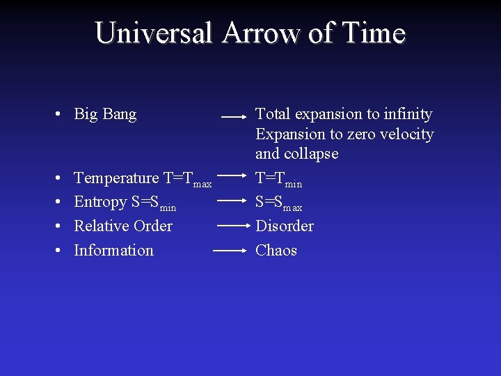 Universal Arrow of Time • Big Bang • • Temperature T=Tmax Entropy S=Smin Relative