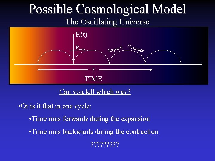 Possible Cosmological Model The Oscillating Universe R(t) Rmax d Expan Con tract ? TIME