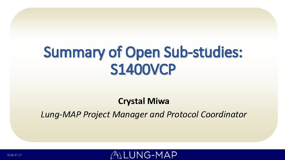 Summary of Open Sub-studies: S 1400 VCP Crystal Miwa Lung-MAP Project Manager and Protocol