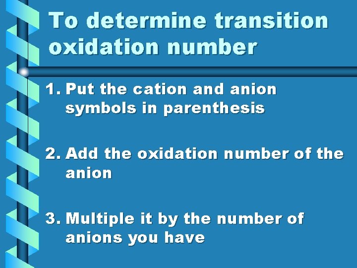 To determine transition oxidation number 1. Put the cation and anion symbols in parenthesis