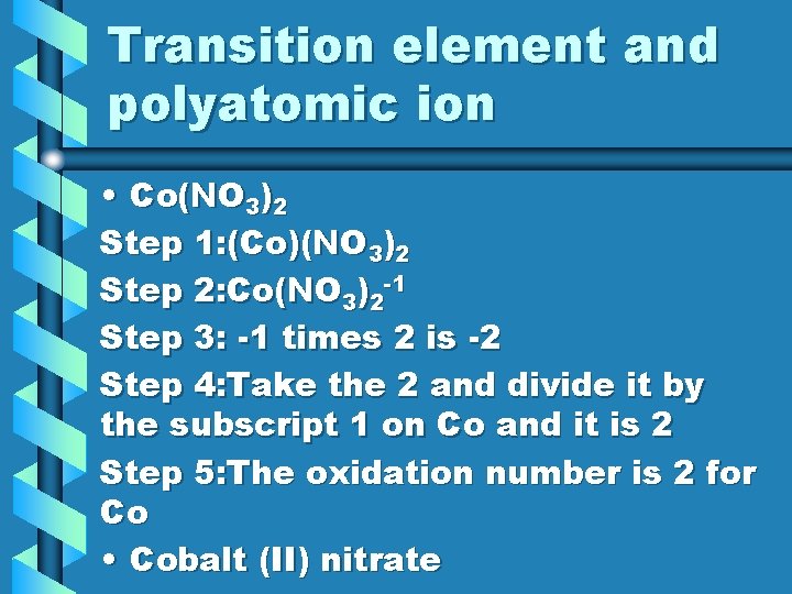 Transition element and polyatomic ion • Co(NO 3)2 Step 1: (Co)(NO 3)2 Step 2: