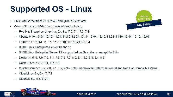 Supported OS - Linux x 86/x 64 MBR/UEFI • Linux with kernel from 2.