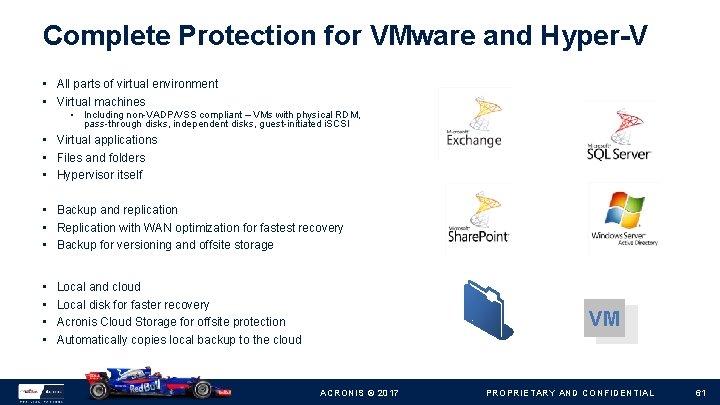 Complete Protection for VMware and Hyper-V • All parts of virtual environment • Virtual