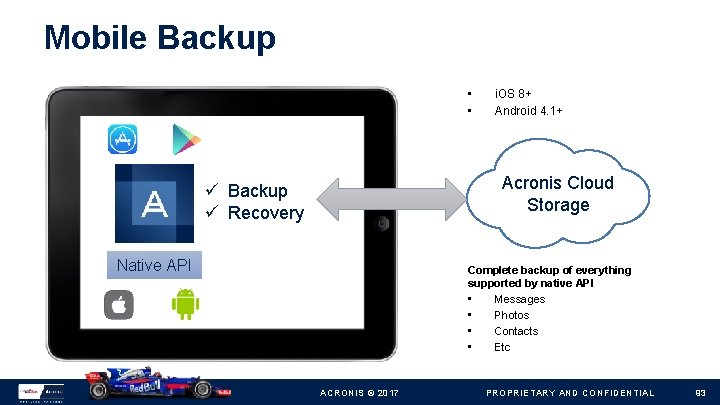 Mobile Backup • • i. OS 8+ Android 4. 1+ Acronis Cloud Storage Backup