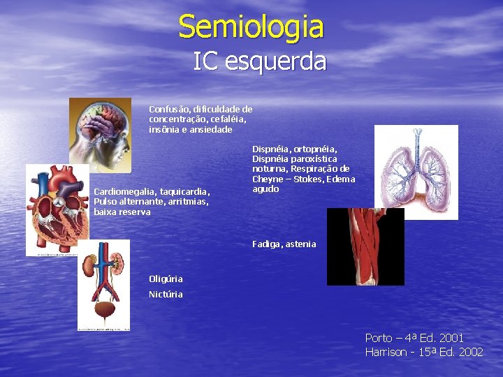 Semiologia IC esquerda Confusão, dificuldade de concentração, cefaléia, insônia e ansiedade Cardiomegalia, taquicardia, Pulso