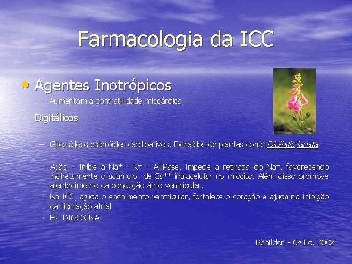 Farmacologia da ICC • Agentes Inotrópicos – Aumentam a contratilidade miocárdica Digitálicos – Glicosídeos