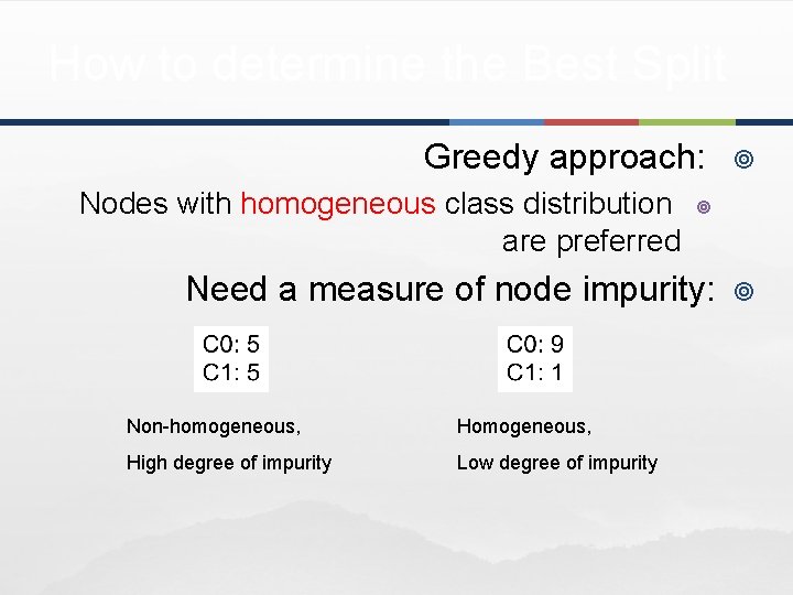 How to determine the Best Split Greedy approach: Nodes with homogeneous class distribution are