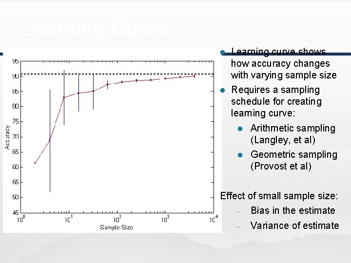 Learning Curve l Learning curve shows how accuracy changes with varying sample size l