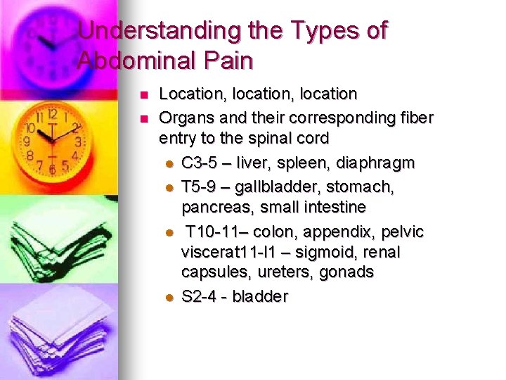 Understanding the Types of Abdominal Pain n n Location, location Organs and their corresponding