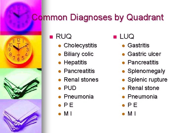 Common Diagnoses by Quadrant n RUQ l l l l l Cholecystitis Biliary colic