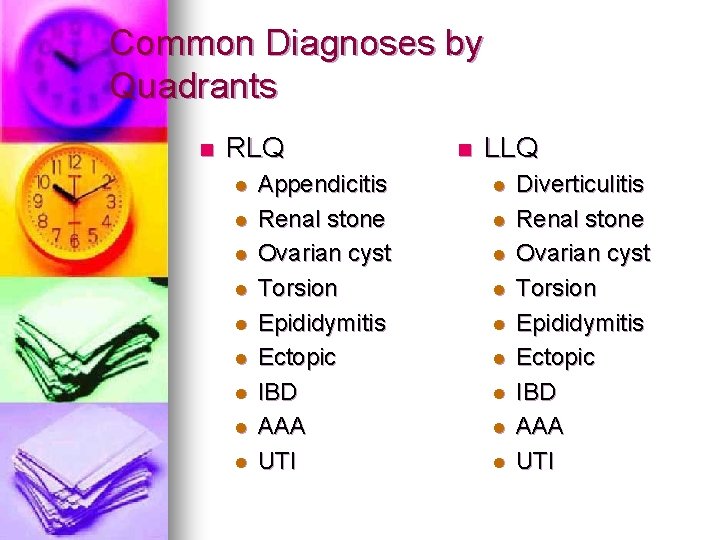 Common Diagnoses by Quadrants n RLQ l l l l l Appendicitis Renal stone