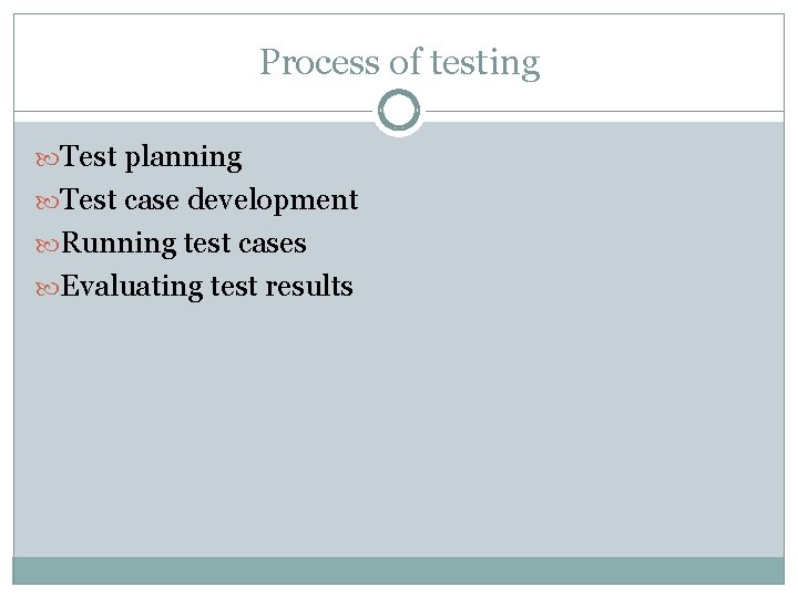 Process of testing Test planning Test case development Running test cases Evaluating test results