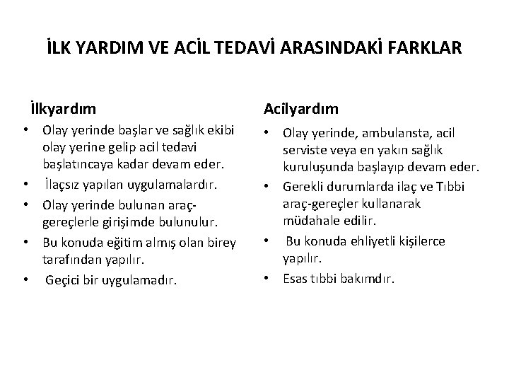 İLK YARDIM VE ACİL TEDAVİ ARASINDAKİ FARKLAR İlkyardım • Olay yerinde başlar ve sağlık