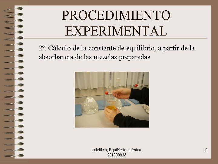 PROCEDIMIENTO EXPERIMENTAL 2º. Cálculo de la constante de equilibrio, a partir de la absorbancia