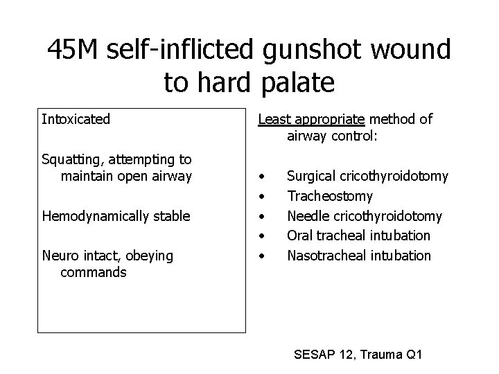45 M self-inflicted gunshot wound to hard palate Intoxicated Squatting, attempting to maintain open