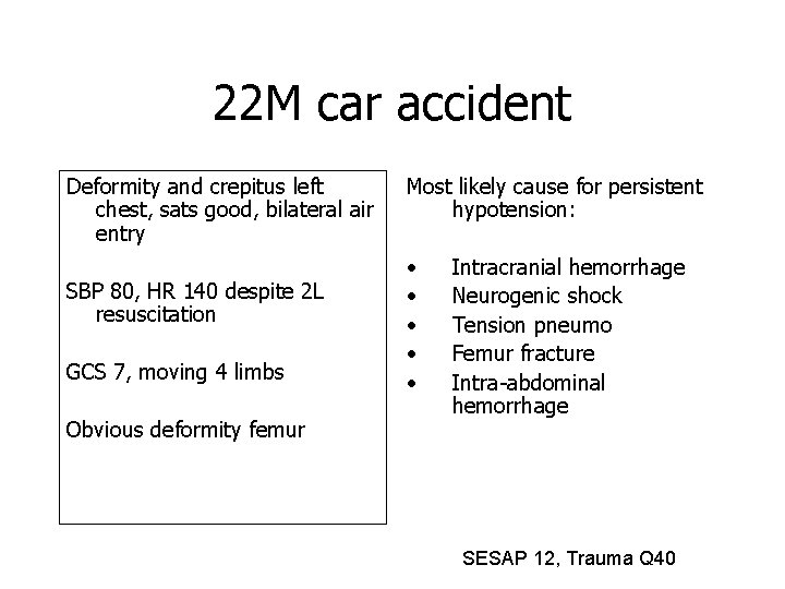 22 M car accident Deformity and crepitus left chest, sats good, bilateral air entry