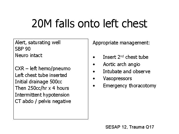 20 M falls onto left chest Alert, saturating well SBP 90 Neuro intact CXR