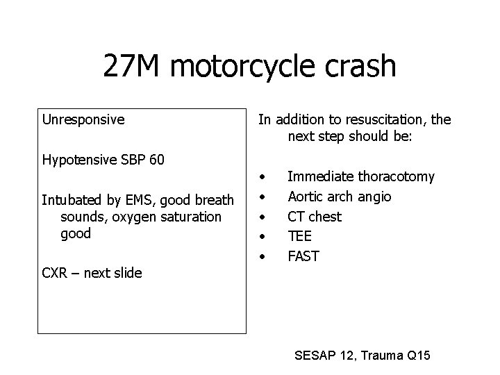 27 M motorcycle crash Unresponsive Hypotensive SBP 60 Intubated by EMS, good breath sounds,