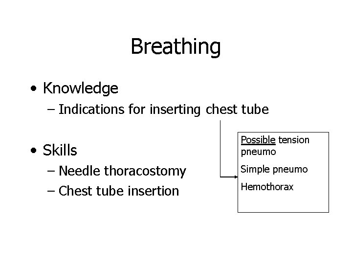 Breathing • Knowledge – Indications for inserting chest tube • Skills – Needle thoracostomy