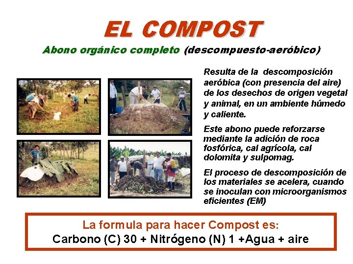 EL COMPOST Abono orgánico completo (descompuesto-aeróbico) Resulta de la descomposición aeróbica (con presencia del