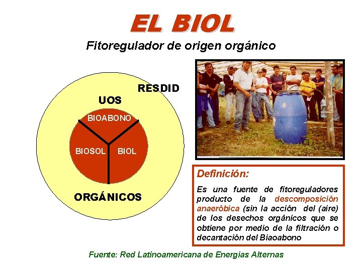 EL BIOL Fitoregulador de origen orgánico UOS RESDID BIOABONO BIOSOL BIOL Definición: ORGÁNICOS Es