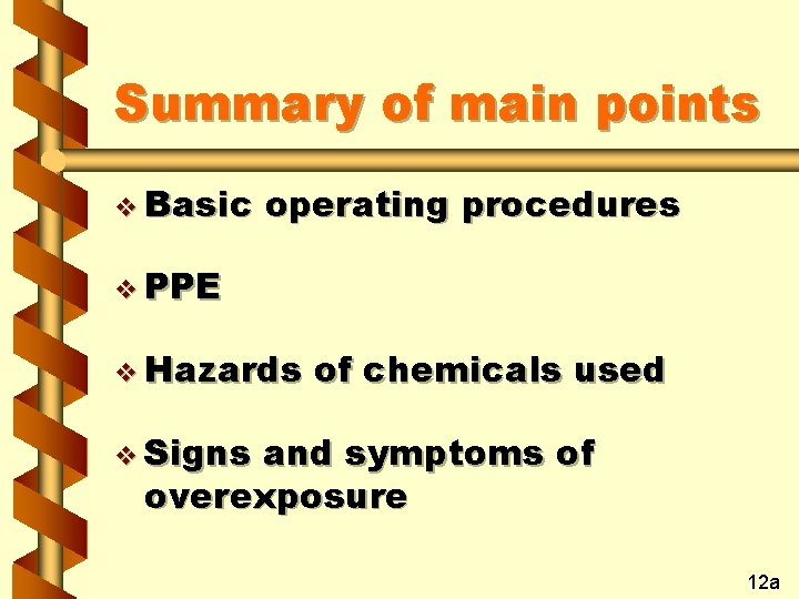 Summary of main points v Basic operating procedures v PPE v Hazards of chemicals