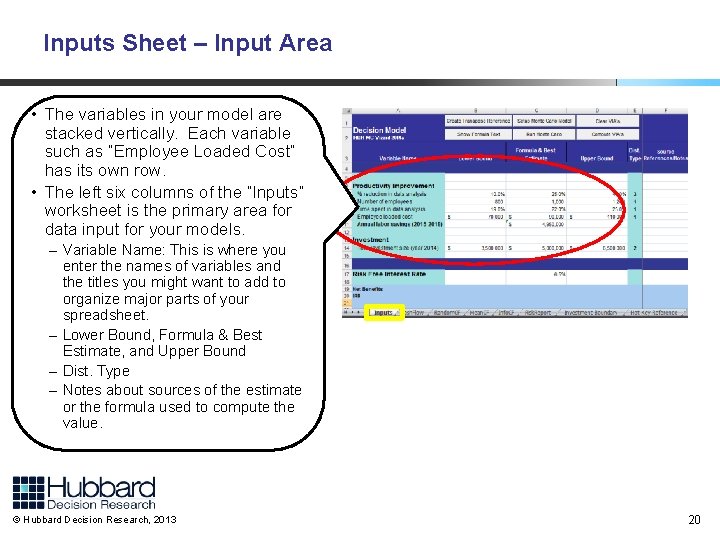 Inputs Sheet – Input Area • The variables in your model are stacked vertically.