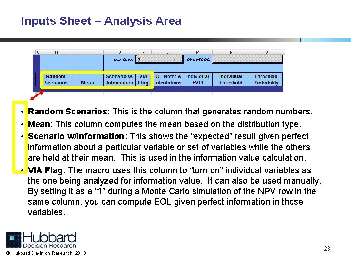 Inputs Sheet – Analysis Area • Random Scenarios: This is the column that generates