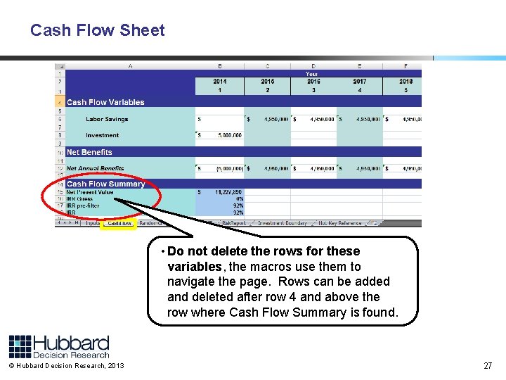 Cash Flow Sheet • Do not delete the rows for these variables, the macros