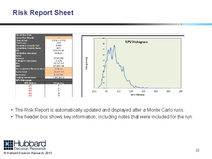 Risk Report Sheet • The Risk Report is automatically updated and displayed after a