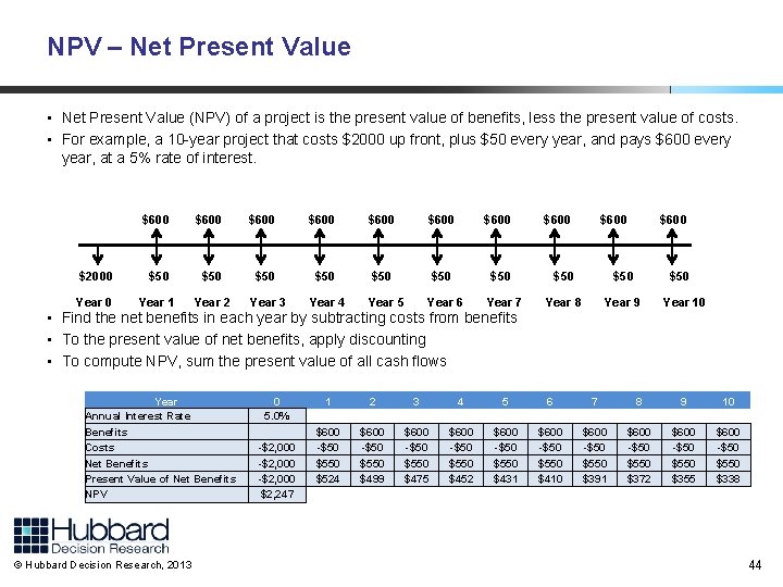 NPV – Net Present Value • Net Present Value (NPV) of a project is