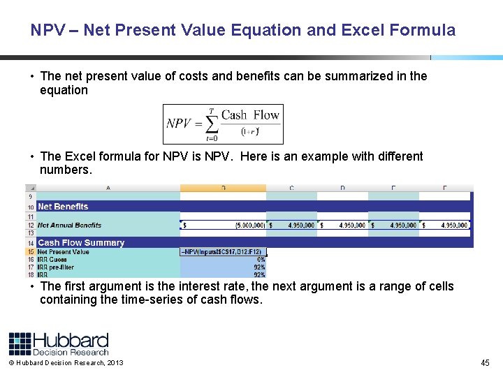 NPV – Net Present Value Equation and Excel Formula • The net present value