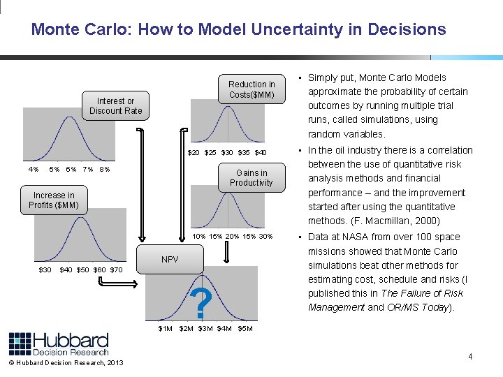 Monte Carlo: How to Model Uncertainty in Decisions Reduction in Costs($MM) Interest or Discount