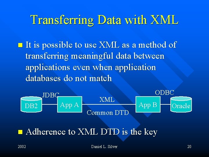 Transferring Data with XML n It is possible to use XML as a method