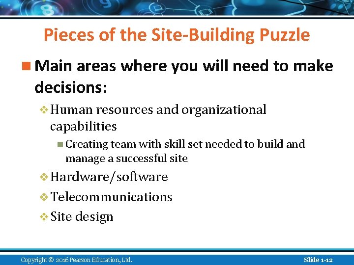 Pieces of the Site-Building Puzzle n Main areas where you will need to make