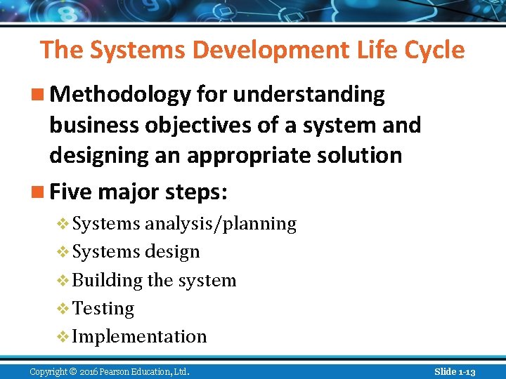 The Systems Development Life Cycle n Methodology for understanding business objectives of a system