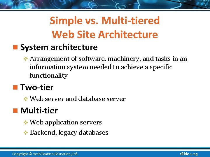 Simple vs. Multi-tiered Web Site Architecture n System architecture v Arrangement of software, machinery,
