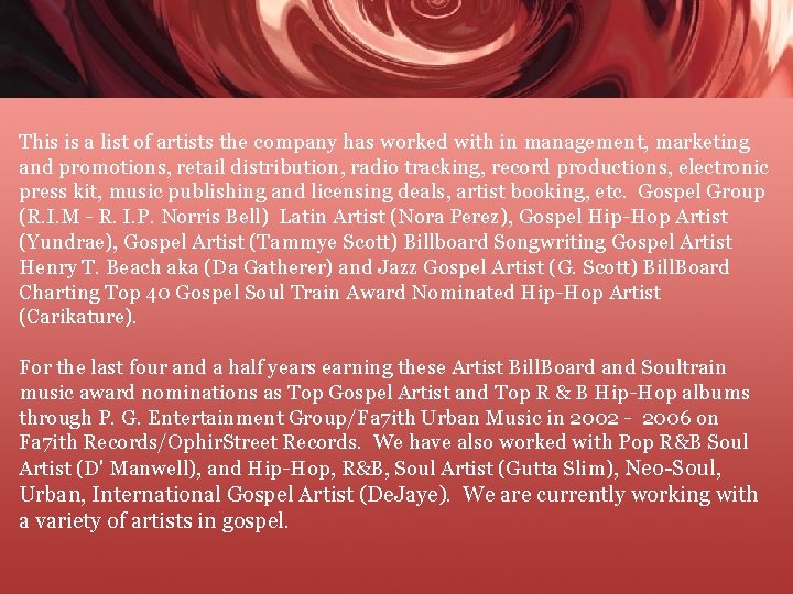 This is a list of artists the company has worked with in management, marketing