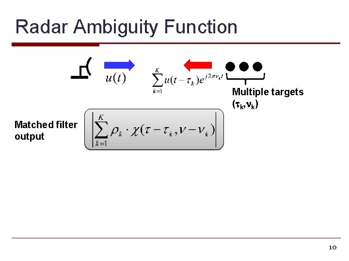 Radar Ambiguity Function Multiple targets (tk, nk) Matched filter output 10 