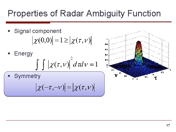 Properties of Radar Ambiguity Function § Signal component § Energy § Symmetry n t