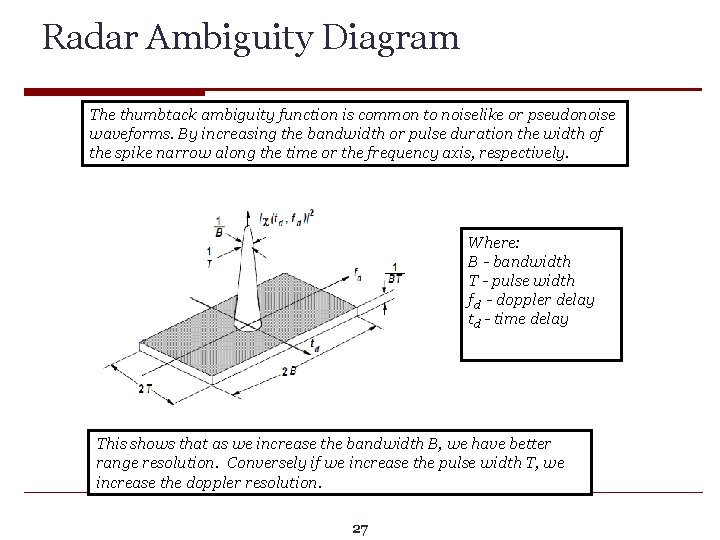 Radar Ambiguity Diagram The thumbtack ambiguity function is common to noiselike or pseudonoise waveforms.