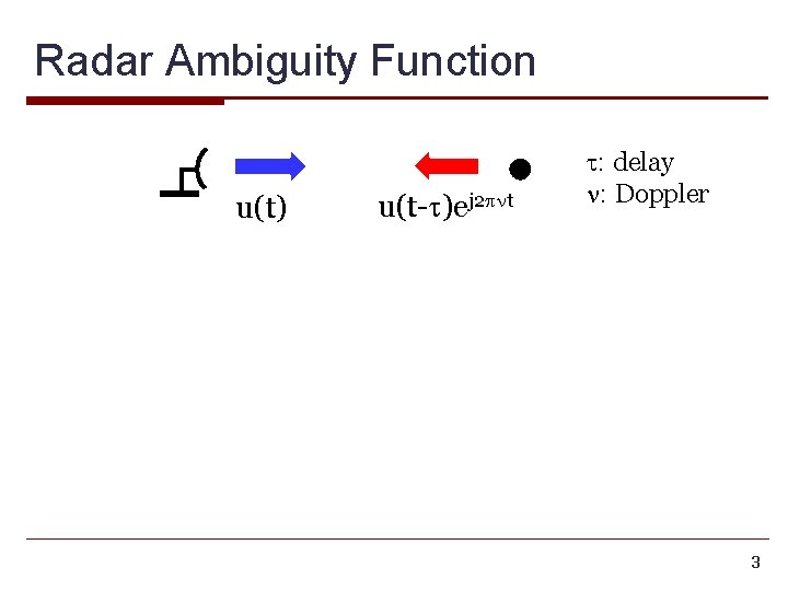 Radar Ambiguity Function u(t) u(t-t)ej 2 pnt t: delay n: Doppler 3 