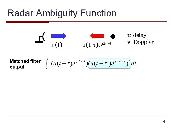 Radar Ambiguity Function u(t) u(t-t)ej 2 pnt t: delay n: Doppler Matched filter output